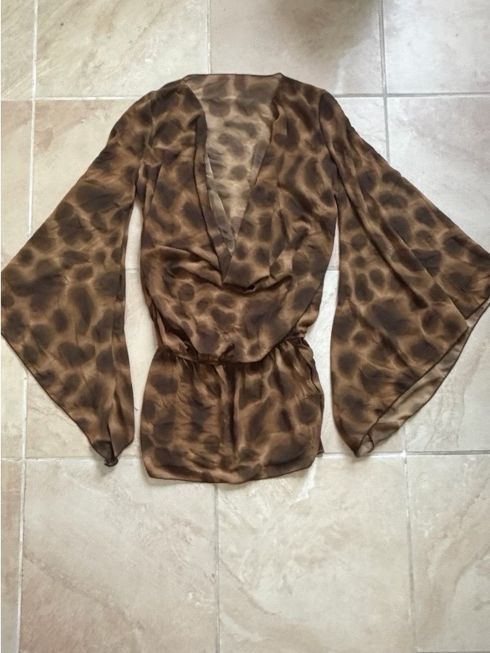Brown Printed Draped Blouse with Elastic Waist